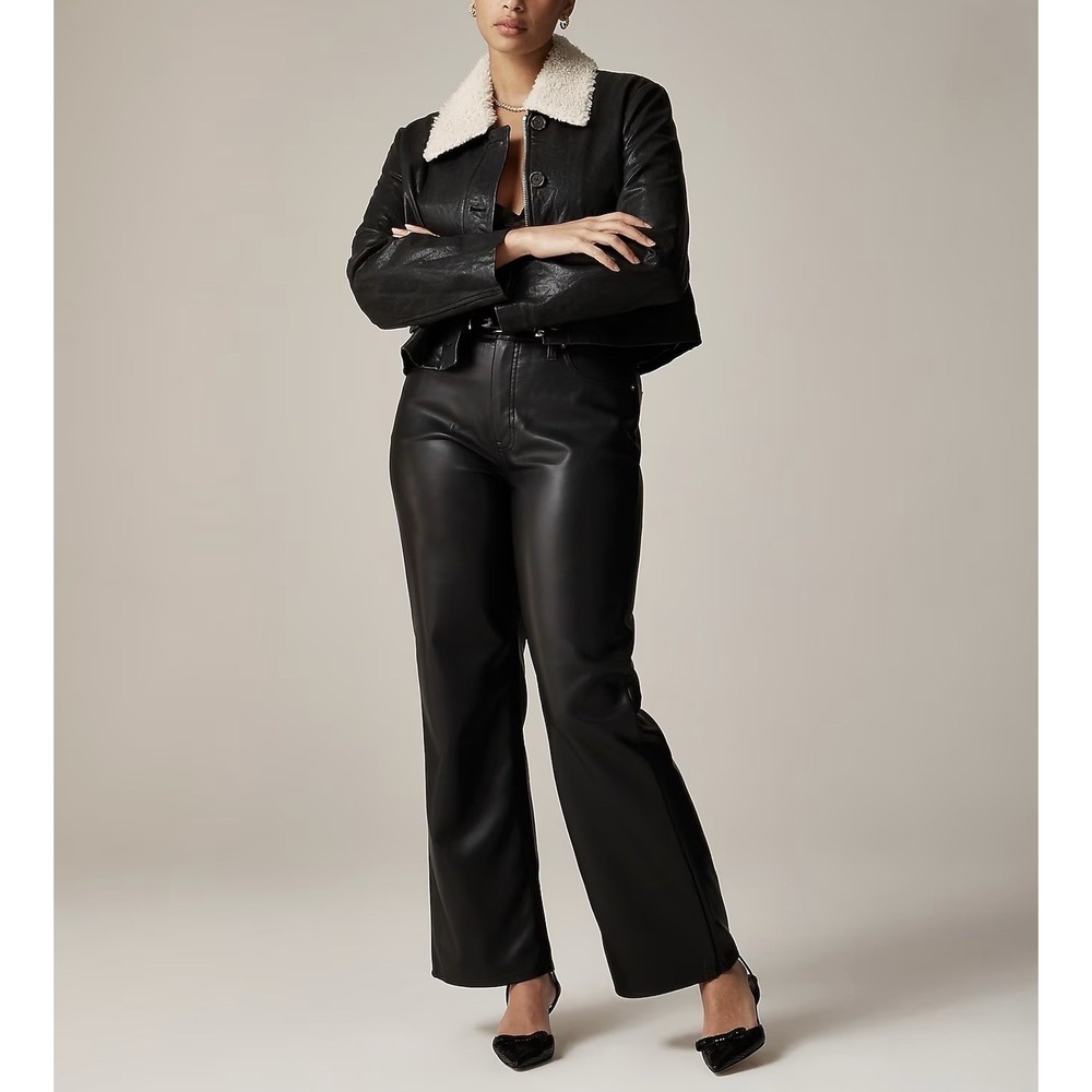 NWT J Crew Slim Wide Leg Faux Leather Pants Black Womens 30 High Rise 34x26